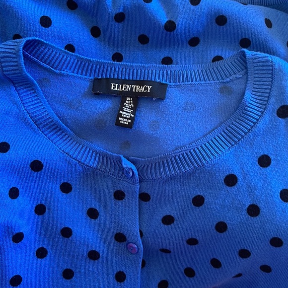 Ellen Tracy size L blue with black poki dots  sweater - Picture 8 of 8